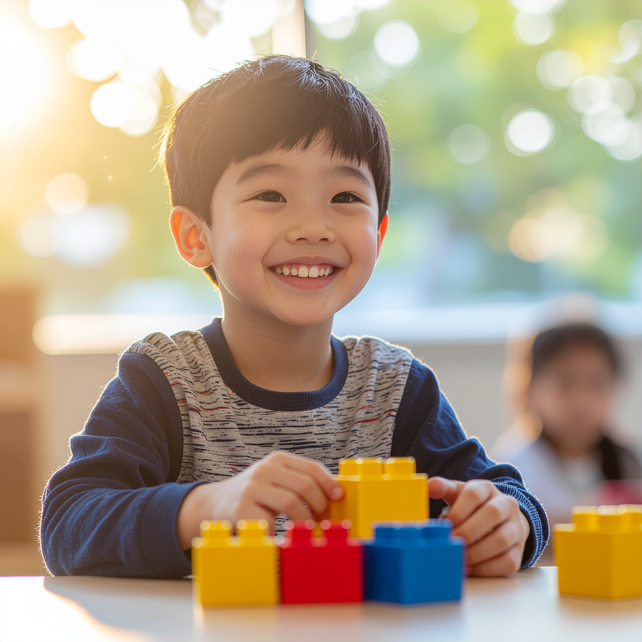 Happy Child Playing with Colorful Blocks in Sunlit Room